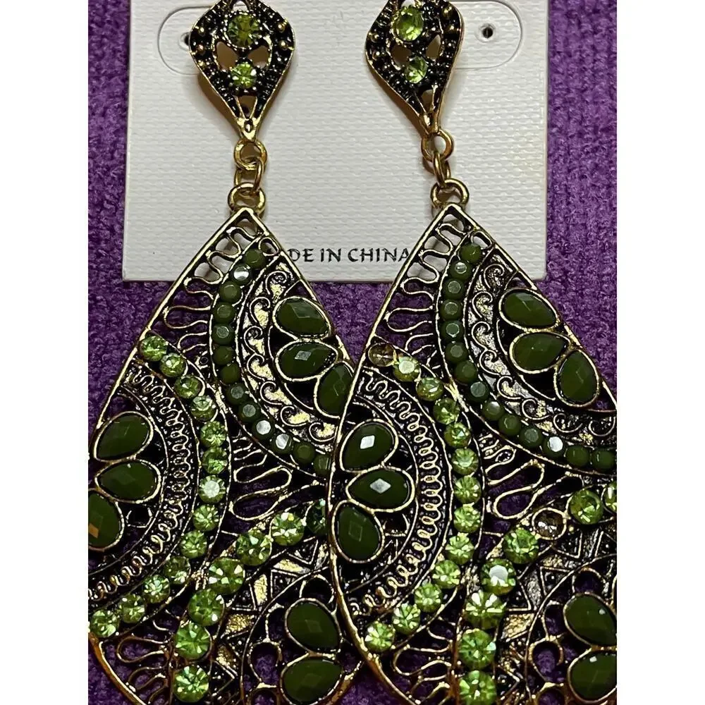 Beya Green Rhinestones Gold Hanging Earrings 3
